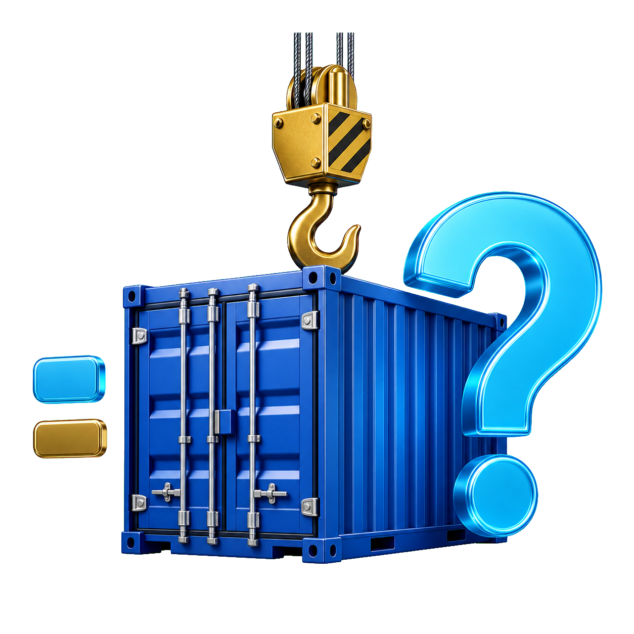 Biểu tượng 3D gồm container, móc cẩu và dấu hỏi