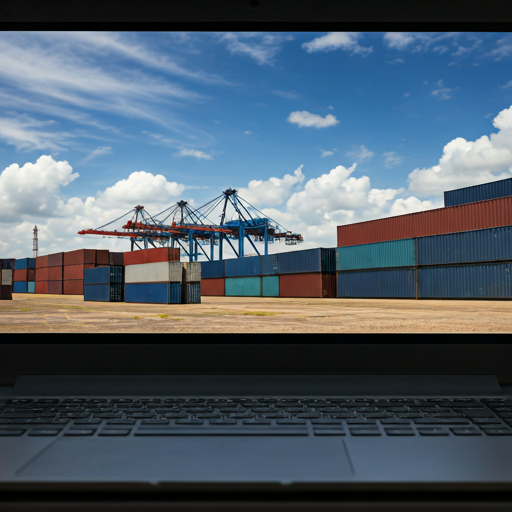 Container port with cranes during golden hour